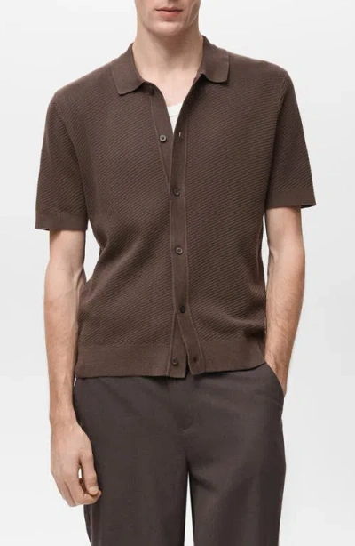 Mango Openwork Short Sleeve Cotton Button-up Shirt In Brown