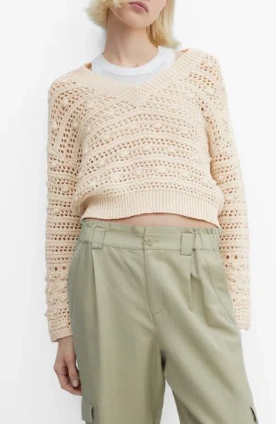 Mango Openwork Stitch V-neck Sweater In Beige
