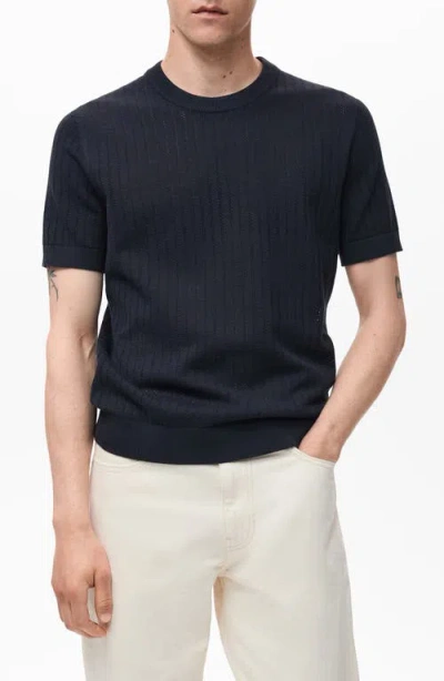 Mango Openwork Stripe Cotton Top In Blue
