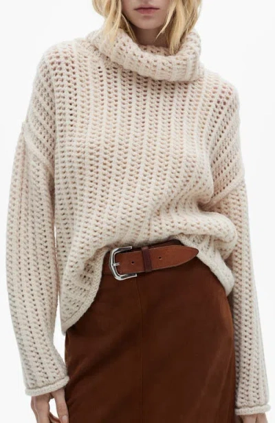 Mango Openwork Turtleneck Sweater In Ecru
