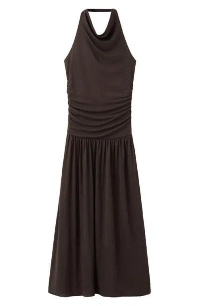Mango Osana Ruched Drop Waist Halter Midi Dress In Brown