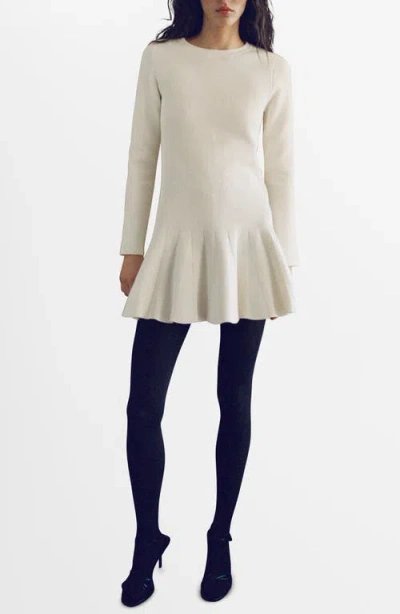 Mango Ottom Pleated Long Sleeve Stretch Rib Minidress In Ecru
