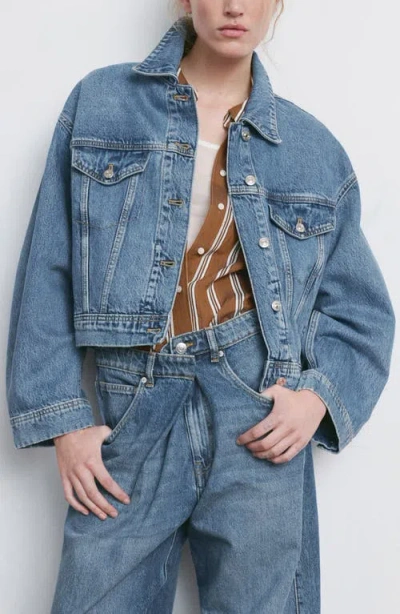 Mango Oversize Crop Denim Jacket In Blue