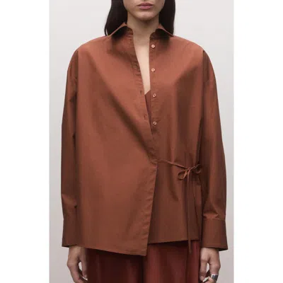 Mango Oversize Faux Wrap Cotton Button-up Shirt In Brown