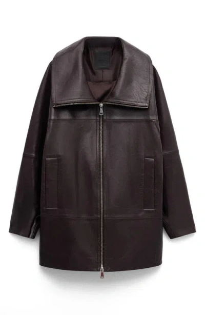Mango Oversize Funnel Neck Leather Coat In Brown