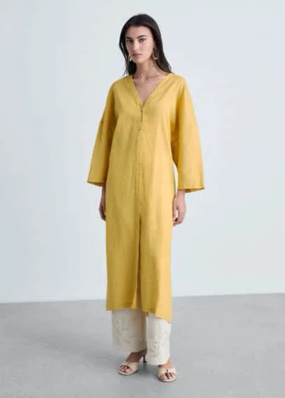 Mango Oversize Linen-blend Dress Mustard