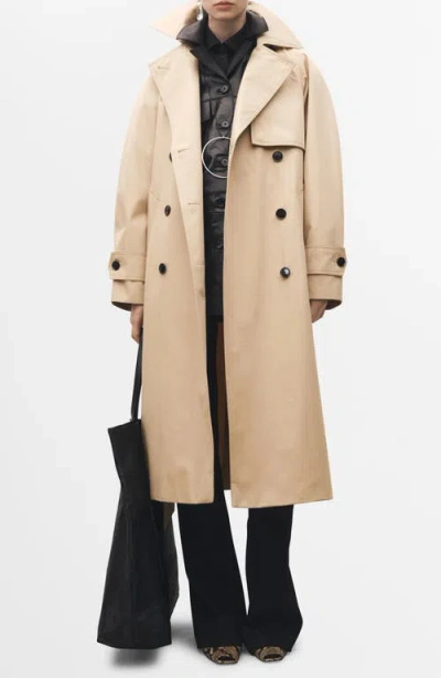 Mango Oversize Long Cotton Trench Coat In Beige