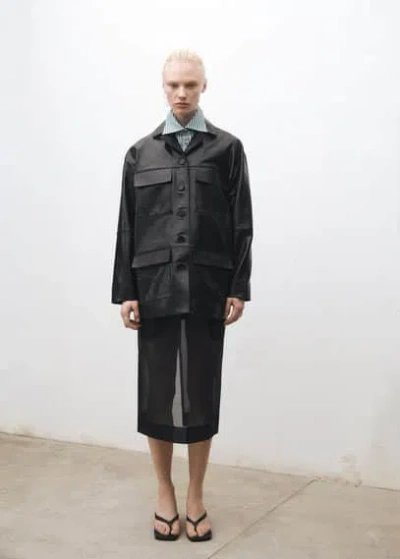 Mango Oversized Leather Jacket With Pockets Black