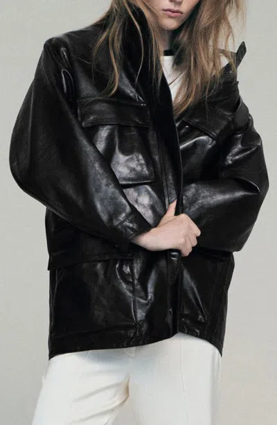 Mango Oversized Leather Parka In Black