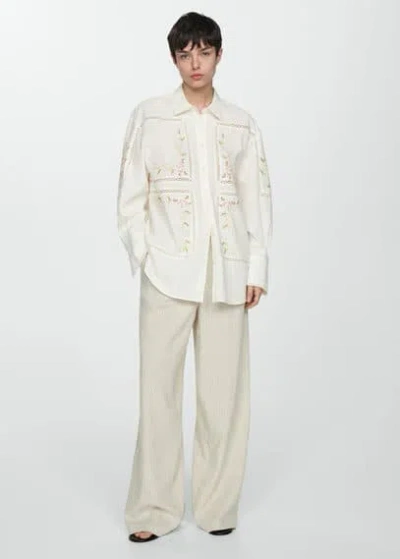 Mango Oversized Shirt With Embroidered Detail Off White In Blanc Cassé