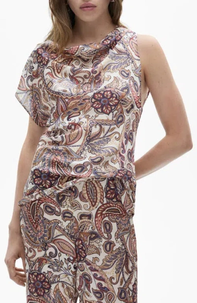 Mango Paisley Asymmetric Sleeve Satin Top In Off White