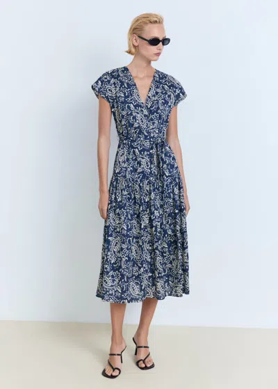 Mango Robe Évasée Paisley Ceinture Bleu - Femme - 3xl -