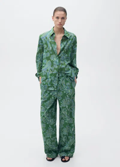 Mango Paisley Linen Blend Drawstring Pants In Green