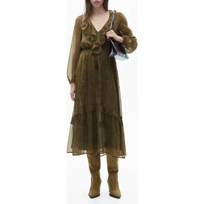 Mango Paisley Print Ruffle Long Sleeve Maxi Dress In Medium Green