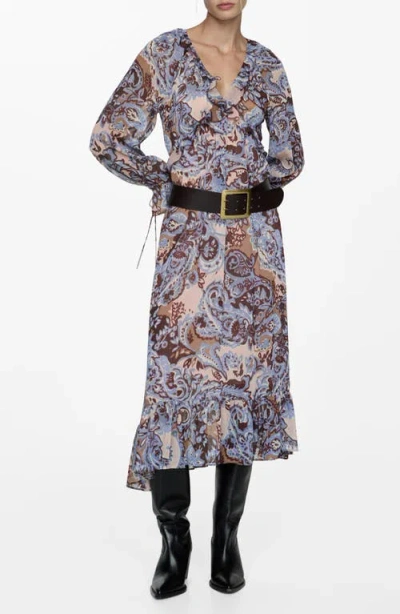 Mango Paisley Ruffle Long Sleeve Maxi Dress In Blue