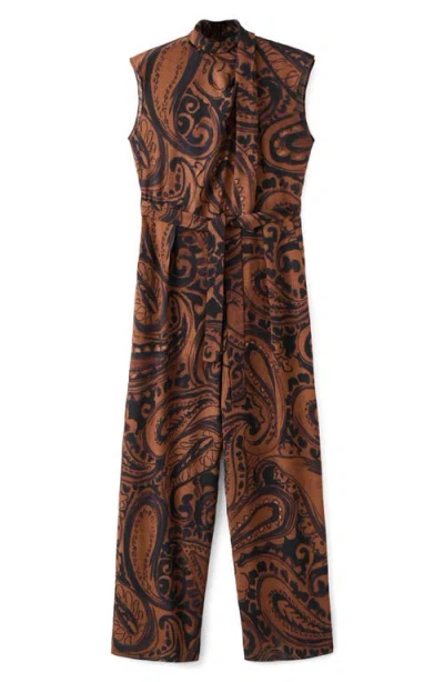 Mango Paisley-print Jumpsuit With Belt Burnt Orange In Brown