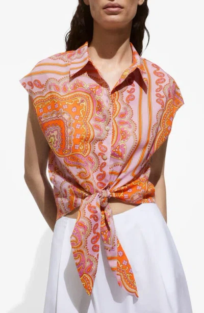 Mango Paisley Tie Waist Button-up Shirt In Pink
