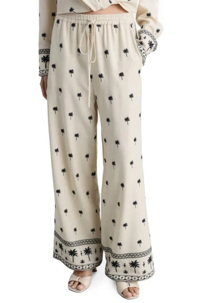 Mango Palm Tree Embroidered Drawstring Pants In Beige