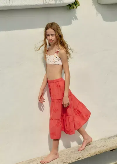 Mango Kids' Paneled Skirt With Embroidered Palm Trees In Strawberry