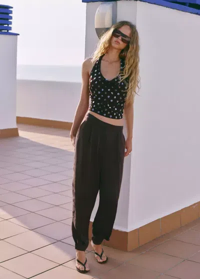 Mango Pantalon Bouffant Taille Mi-haute In Brown