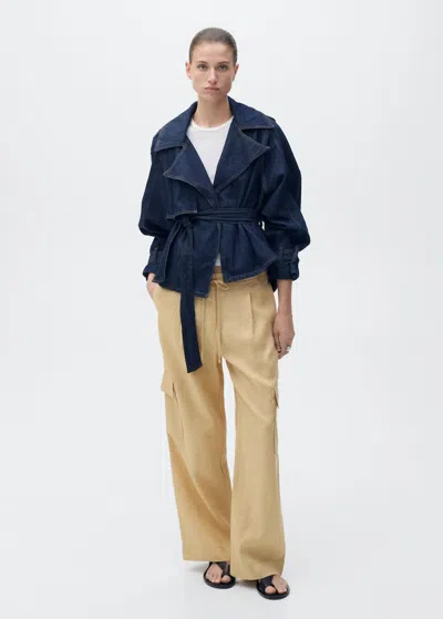 Mango Pantalon Cargo Lin Moutarde - Femme - 42 -