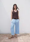 Mango Cropped Linen-blend Trousers Sky Blue In Burgundy