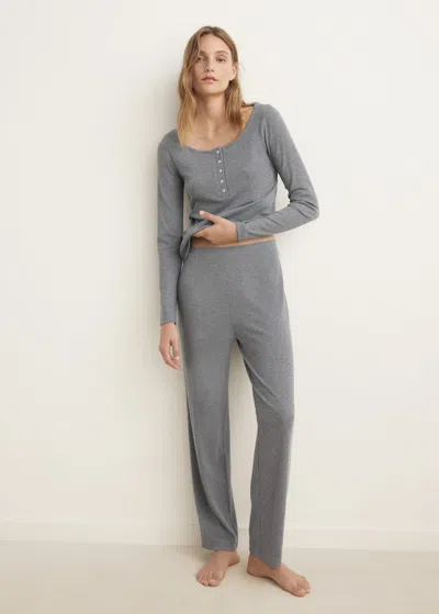 Mango Pantalon De Pyjama Maille Côtelée Gris Chiné Moyen - Femme - L -