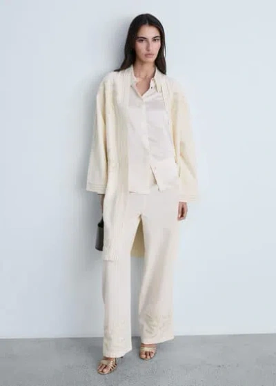 Mango Embroidered Straight-fit Trousers Off White In Blanc Cassé
