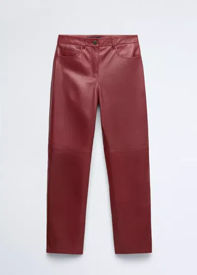 Mango Pantalon Droit En Cuir In Red