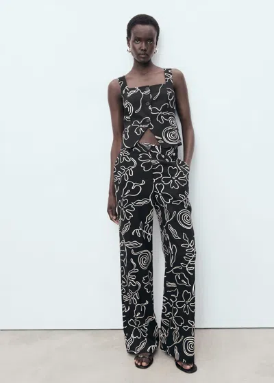 Mango Floral Print Straight Trousers Black