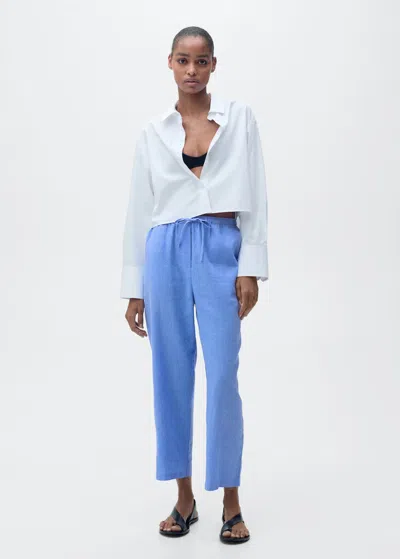 Mango Straight Linen-blend Trousers Blue