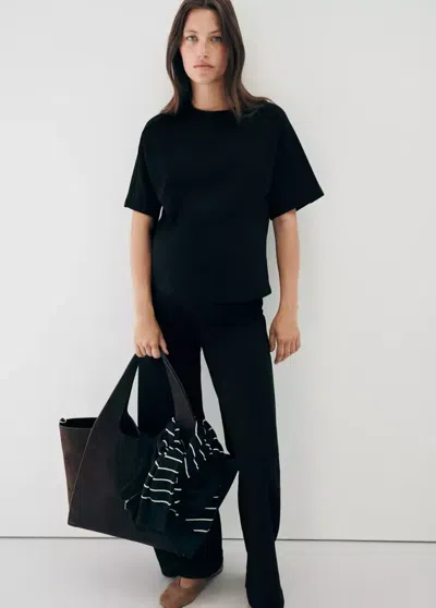 Mango Pantalon Droit Maille Fine In Noir