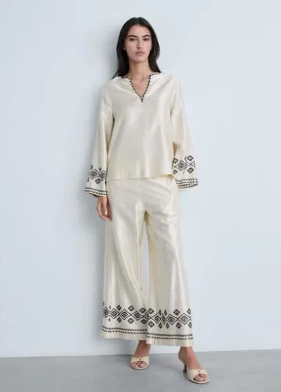 Mango Wideleg Trousers With Embroidered Hem Ecru In Écru