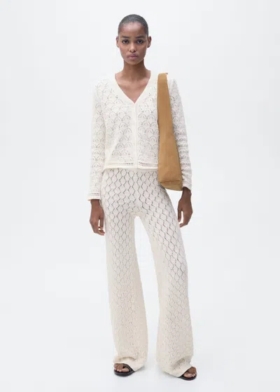 Mango Straight Openwork Knit Pants Ecru