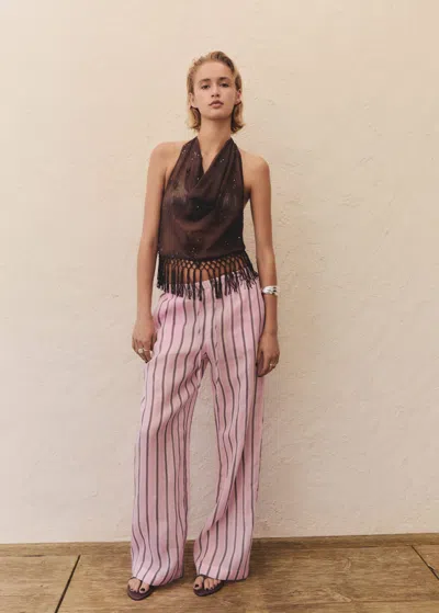 Mango Striped Ramie Trousers Light Pink