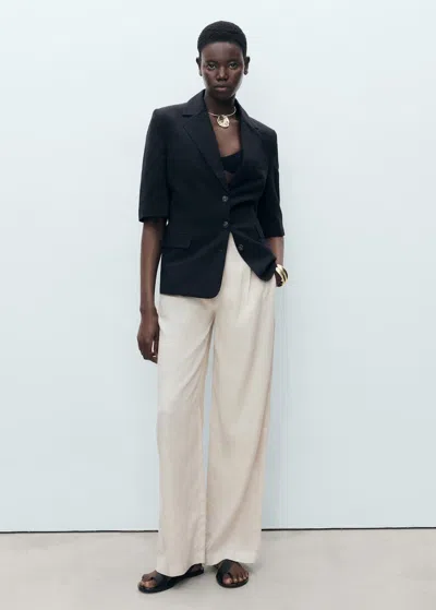Mango Linen Trousers With Tortoiseshell Button In Gris Clair/pastel