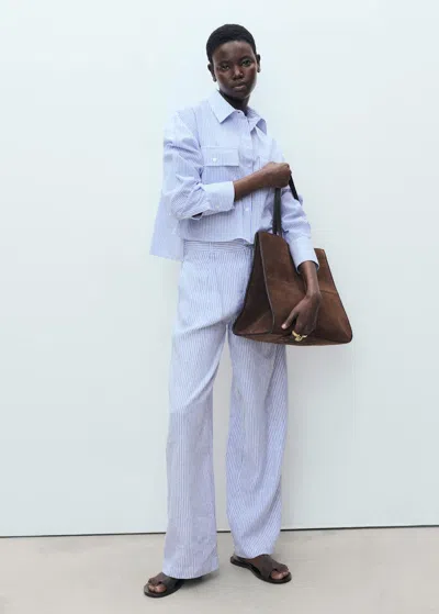 Mango Striped Linen-blend Trousers Blue In Bleu