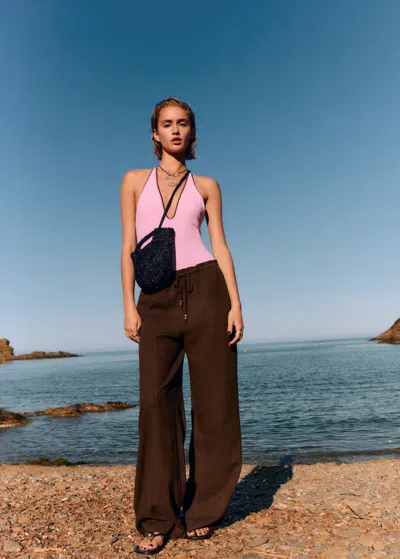 Mango Pantalon Lin Taille Élastique Marron Moyen - Femme - S -