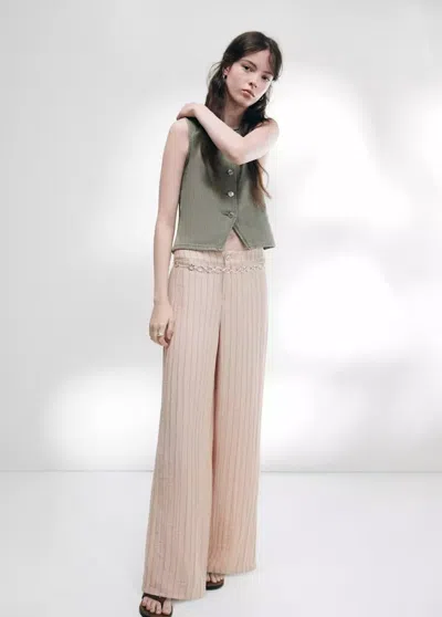 Mango Pantalon Texturé Taille Basse À Rayures In Rose Pastel
