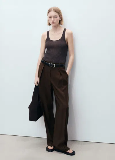 Mango Wideleg Pleated Trousers Chocolate