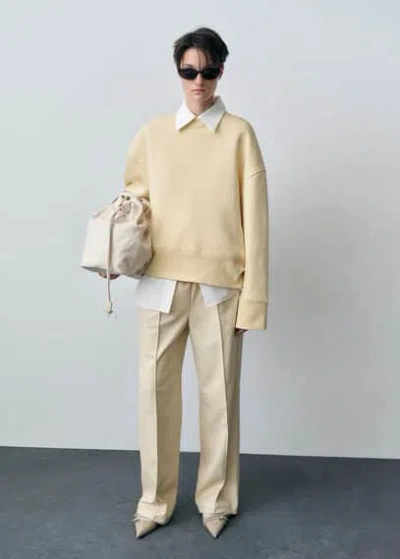 Mango Wideleg Leather-effect Trousers Ecru In Écru