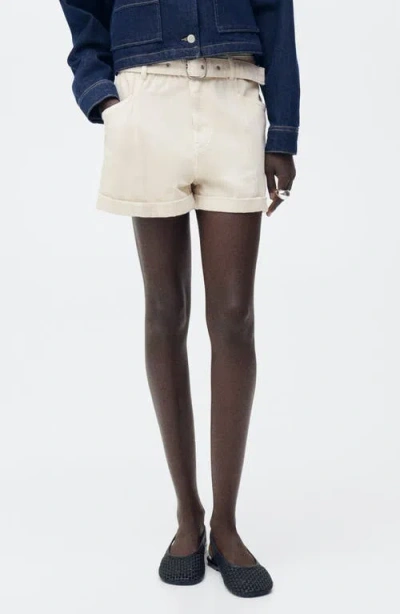 Mango Paperbag Waist Belted Twill Shorts In Ecru