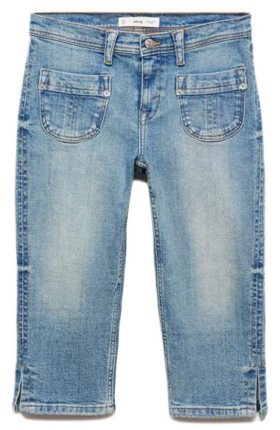 Mango Patch Pocket Side Slit Capri Jeans In Medium Blue