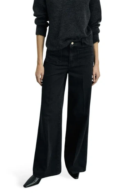 Mango Patch Pocket Wide Leg Jeans In Black Denim