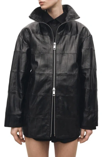 Mango Patchwork Leather Jacket In Black