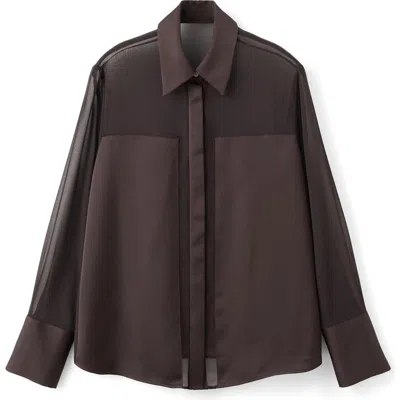 Mango Patchwork Sheer & Opaque Button-up Shirt In Brown