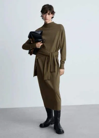 Mango - Robe Maille Col Montant Kaki - M - Femme In Khaki