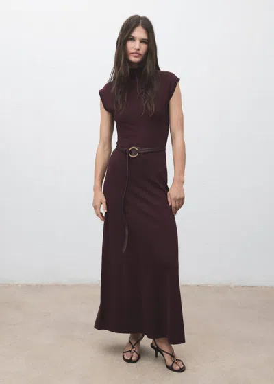 Mango Perkins-neck Knitted Dress Maroon In Brown