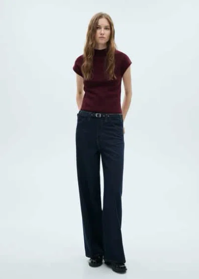 Mango Perkins-neck Short-sleeved Sweater Maroon