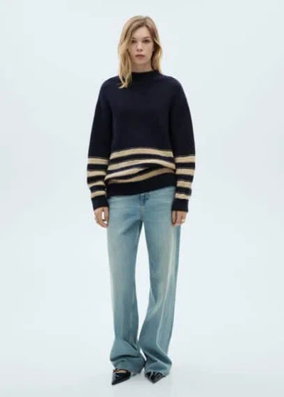 Mango Perkins-neck Striped Sweater Dark Navy